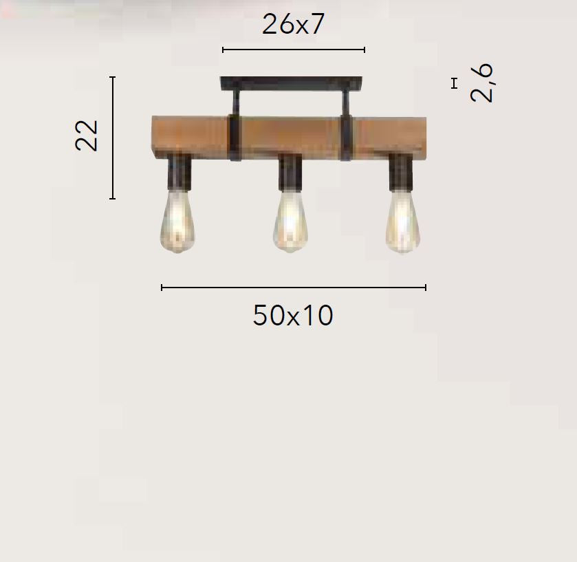 Plafoniera 3 luci struttura in legno finiture metallo nero 3XE27 non inc. TEXAS