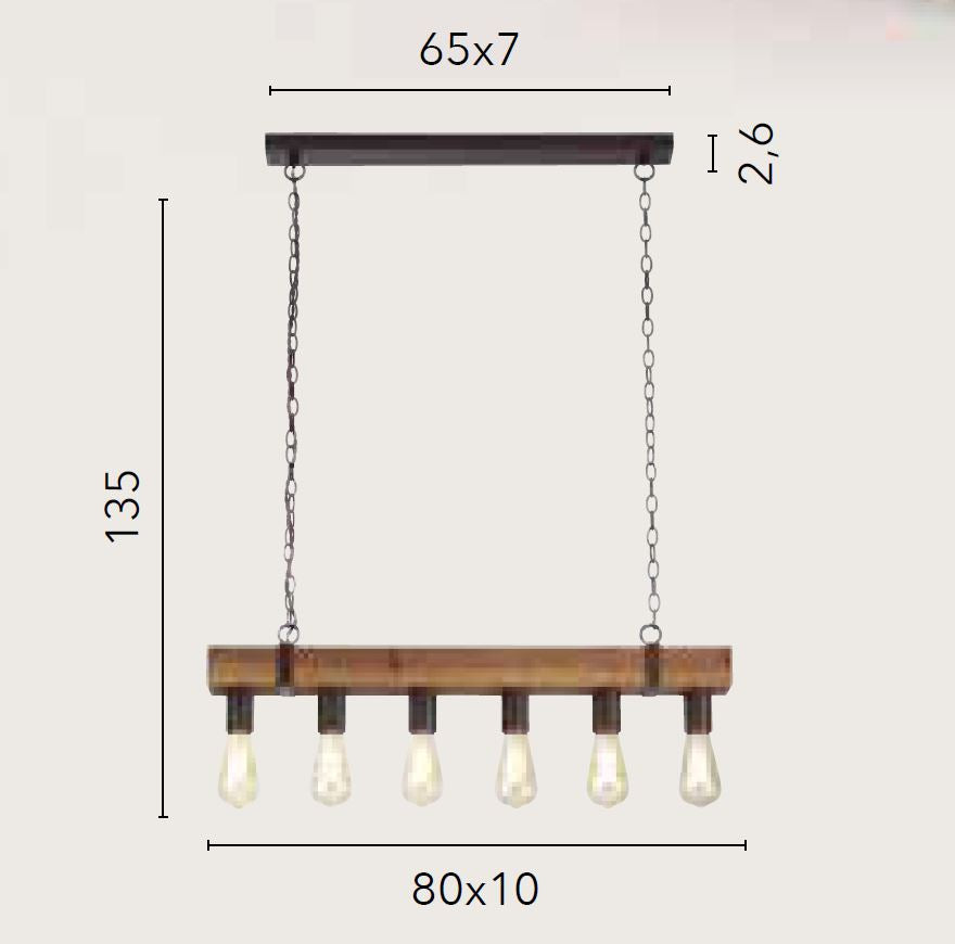 Sospensione 6 luci struttura in legno finiture metallo nero 6XE27 non inc. TEXAS