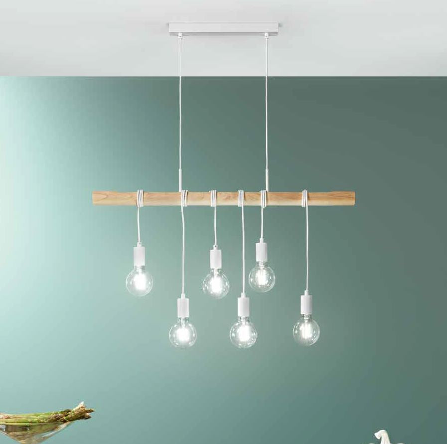 Sospensione 6 luci struttura legno naturale montatura metallo bianco 6XE27 non incl. ARIZONA