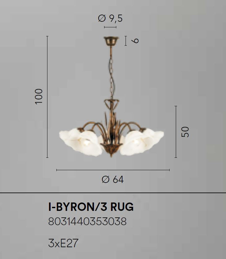 Sospensione 3 luci in metallo ruggine decorato a mano diffusore fiore in vetro 3XE27 non incl. BYRON