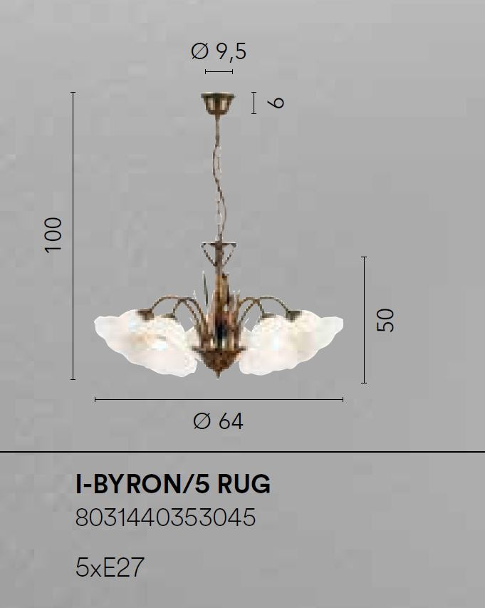 Sospensione 5 luci in metallo ruggine decorato a mano diffusore fiore in vetro 5XE27 non incl. BYRON