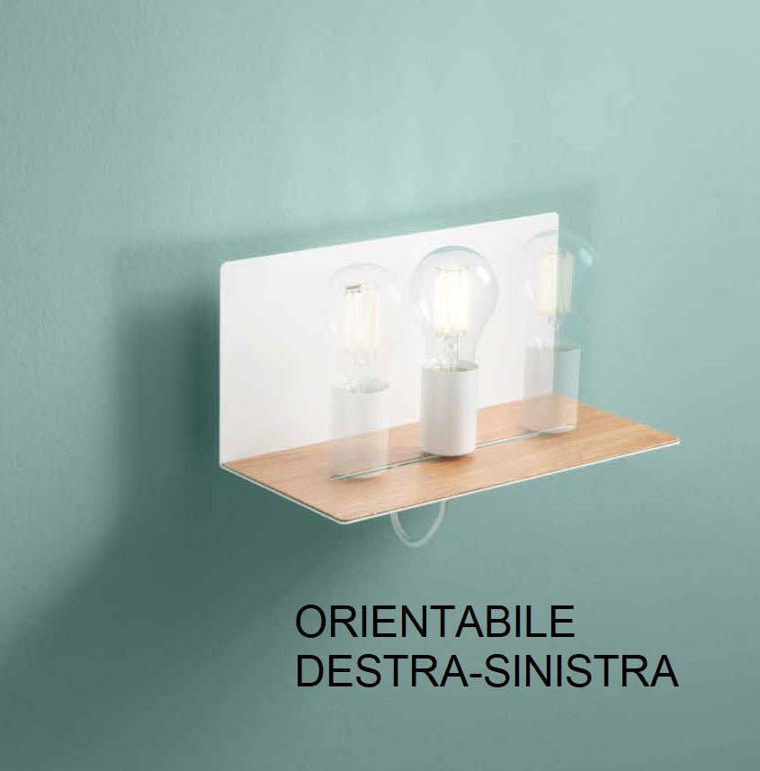 Applique in metallo bianco o nero con mensola in legno naturale lampada movibile E27 non incl. + presa USB 2A FLASH