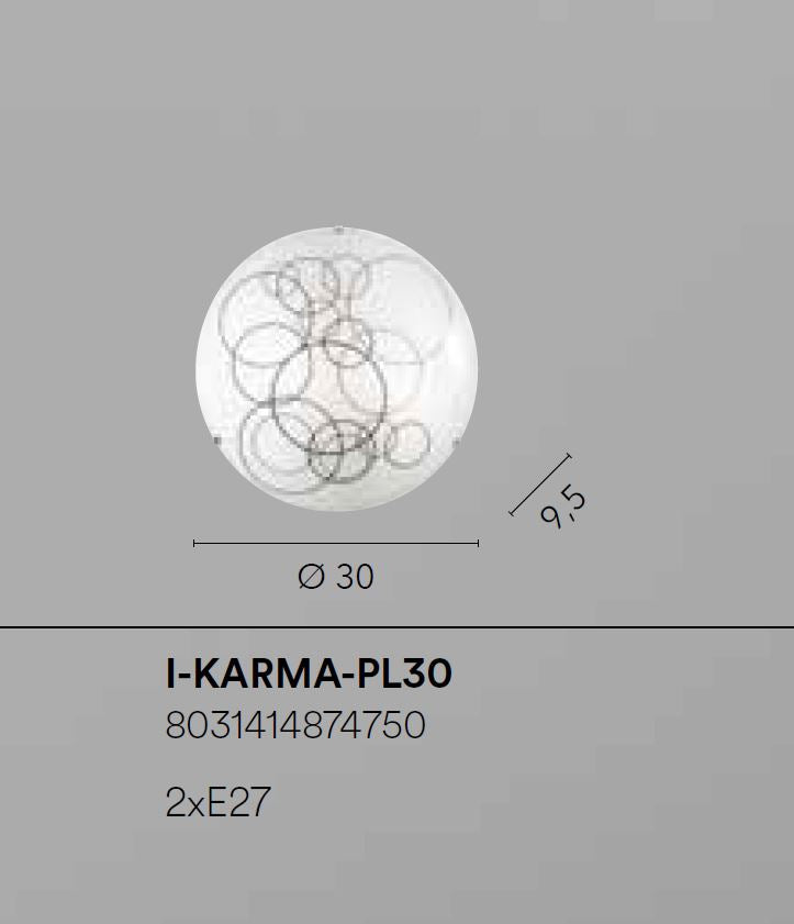 Plafoniera KARMA – Vetro Rotondo Bianco Lucido con Cerchi Neri e Ganci Cromo | D.30 cm | 2×E27 (non incl.)