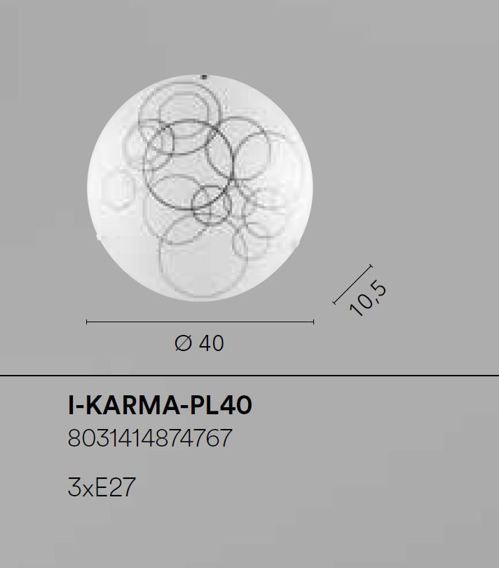 Plafoniera KARMA – Vetro Rotondo Bianco Lucido con Cerchi Neri e Ganci Cromo | D.40 cm | 3×E27 (non incl.)