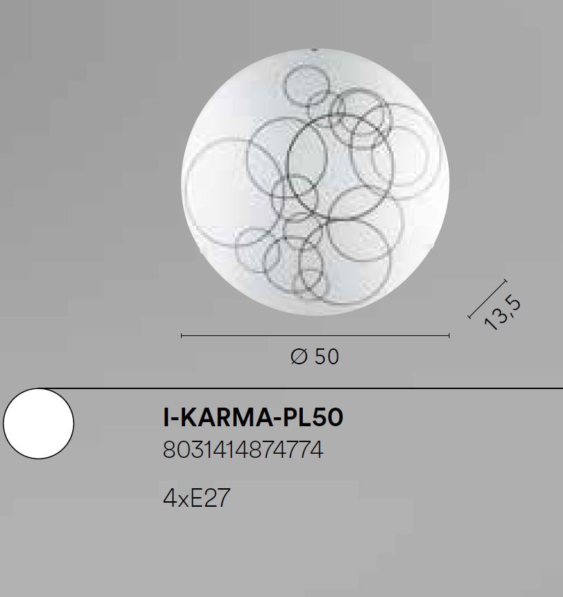 Plafoniera KARMA – Vetro Rotondo Bianco Lucido con Cerchi Neri e Ganci Cromo | D.50 cm | 4×E27 (non incl.)