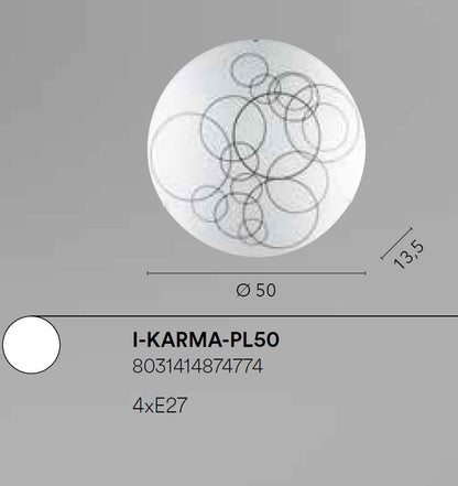 Plafoniera KARMA – Vetro Rotondo Bianco Lucido con Cerchi Neri e Ganci Cromo | D.50 cm | 4×E27 (non incl.)