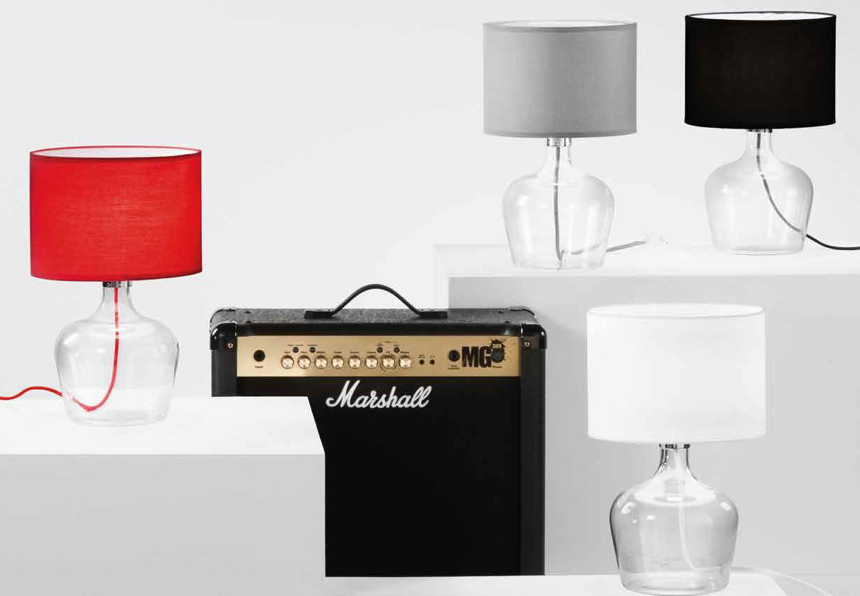 Lampada da tavolo in vetro soffiato con paralume in tessuto rosso-nero-bianco-grigio 1XE27 non incl.