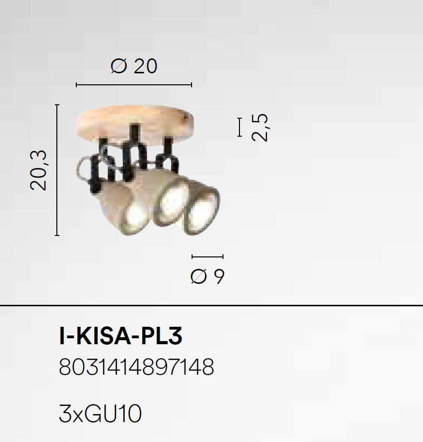 Plafoniera 3 luci base legno spot orientabile cemento naturale rifiniture nero-nichel 3XGU10 non incl. KISA