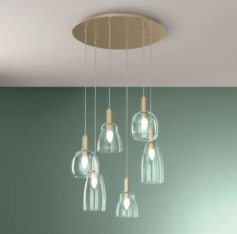 Lampadario a Sospensione BRANDY 6 Luci – Metallo Oro Satinato e Vetro Soffiato | 6xE14