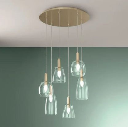 Lampadario a Sospensione BRANDY 6 Luci – Metallo Oro Satinato e Vetro Soffiato | 6xE14