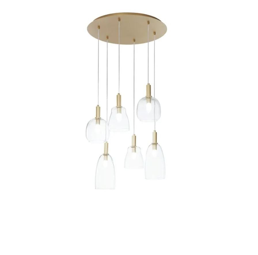 Lampadario a Sospensione BRANDY 6 Luci – Metallo Oro Satinato e Vetro Soffiato | 6xE14