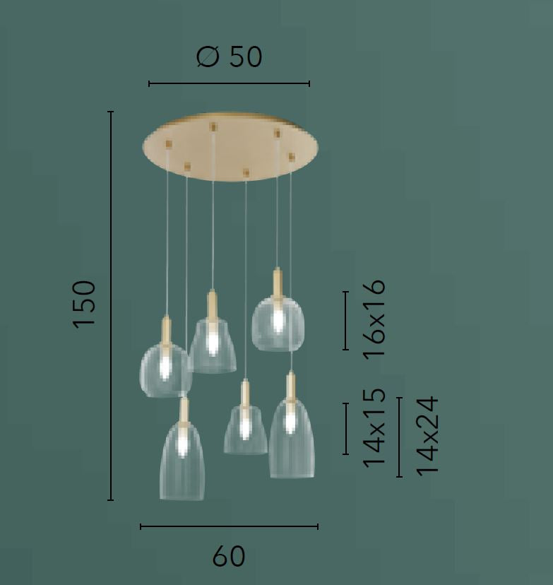 Lampadario a Sospensione BRANDY 6 Luci – Metallo Oro Satinato e Vetro Soffiato | 6xE14