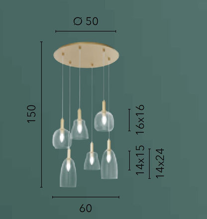 Lampadario a Sospensione BRANDY 6 Luci – Metallo Oro Satinato e Vetro Soffiato | 6xE14