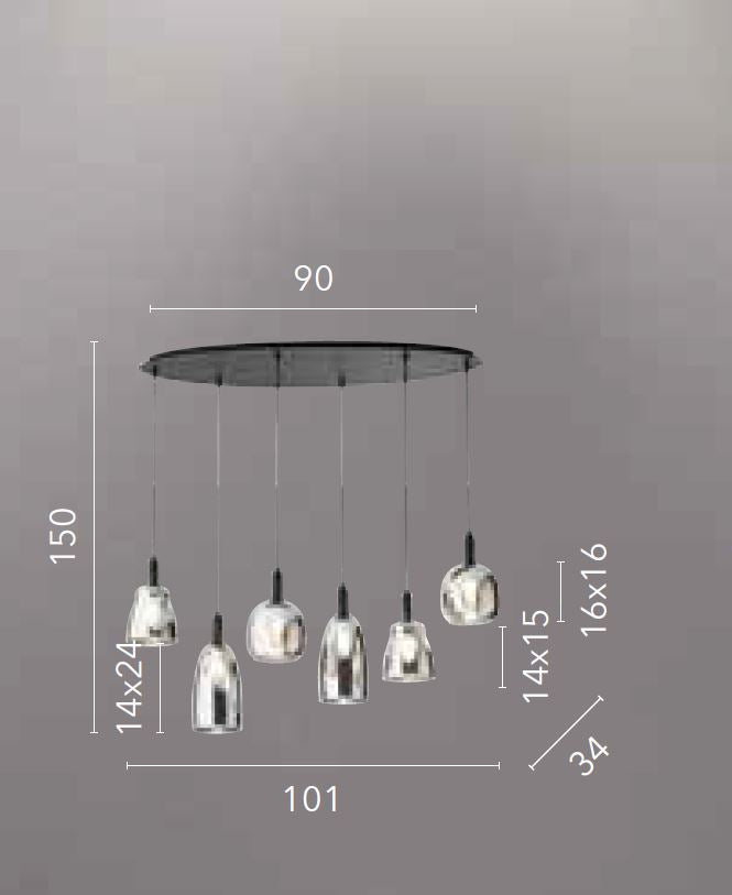 Sospensione 6 luci in metallo nero diffusore vetro cromo 6XE14 non incl. WEIZEN
