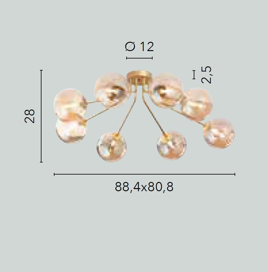 Plafoniera 8 luci in metallo con sfere in vetro soffiato champagne o fumè 8XG9 non incl. MIELE