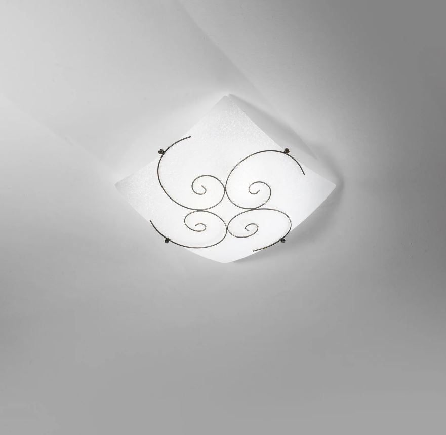 Plafoniera in vetro satinato con decori puntinati e una struttura ruggine 40x40cm 2XE27 non incl. RICCIOLO