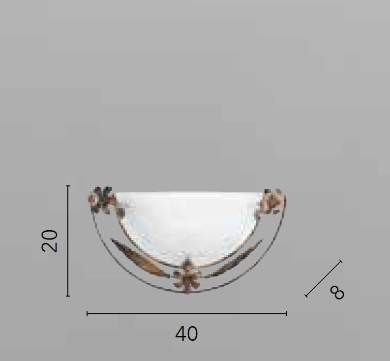 Applique in vetro alabastro bianco con struttura in metallo ruggine decori in oro 1XE27 non incl. RICCIO