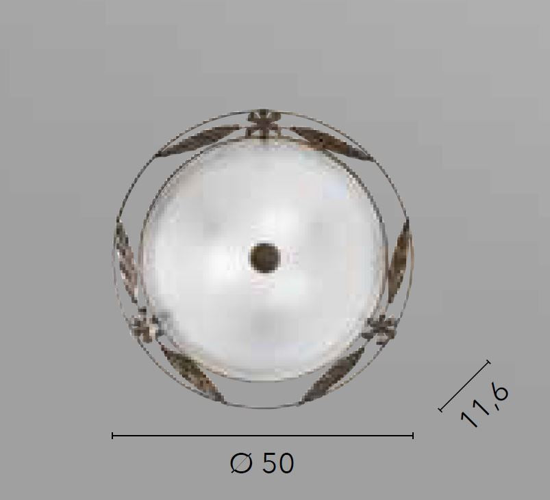 Plafoniera in vetro alabastro bianco con struttura in metallo ruggine decori in oro D.50cm 3XE27 non incl. RICCIO