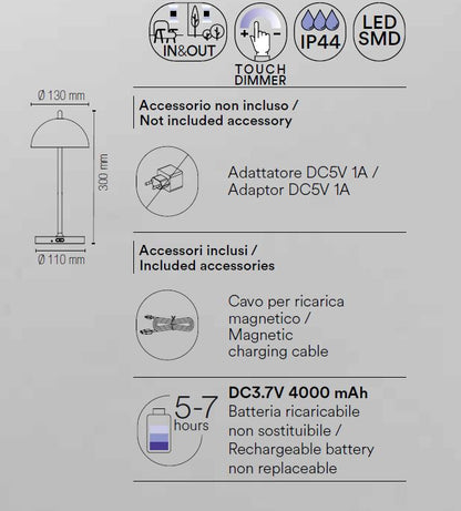 Lumetto LED PARTY ricaricabile da esterno in metallo con dimmer 3000K 350LUMEN