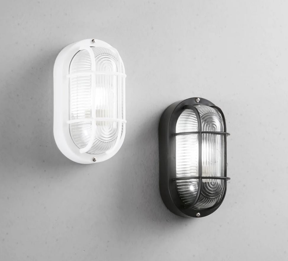 Plafoniera per esterno IP54 bianca o nera in termoplastica e diffusore in vetro con griglia tartaruga TURTLE