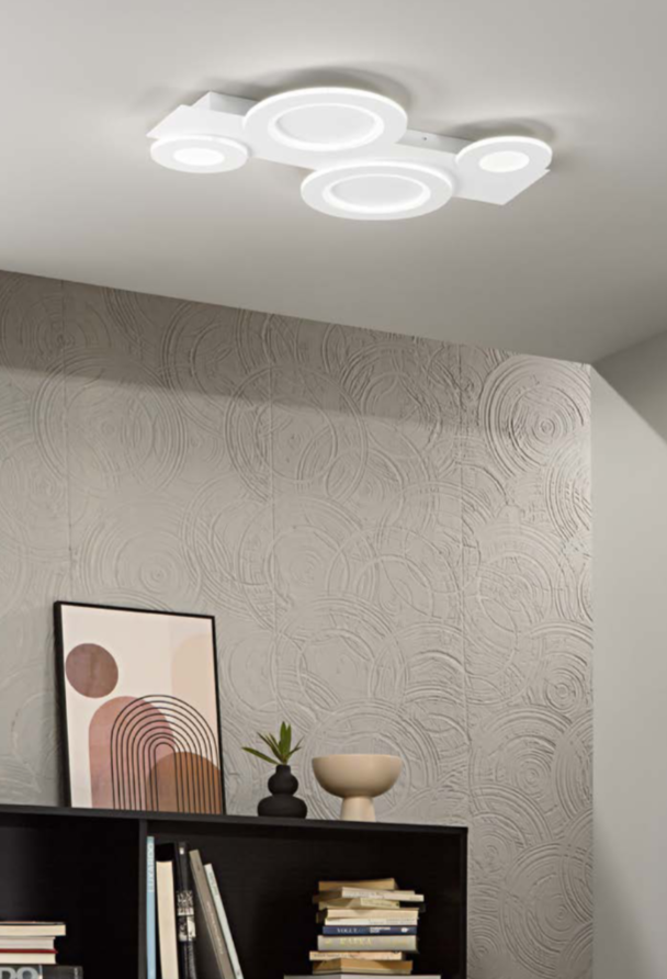 Plafoniera LED CCT in alluminio bianco con diffusori in acrilico forme circolari sovrapposte COLLAGE