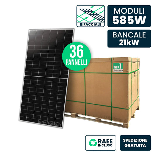 Bancale 21.06kW con 36 Pannelli Solari 585W TIER-1 N-Type TOPCon Bifacciale Silver Frame 2278x1134x30mm