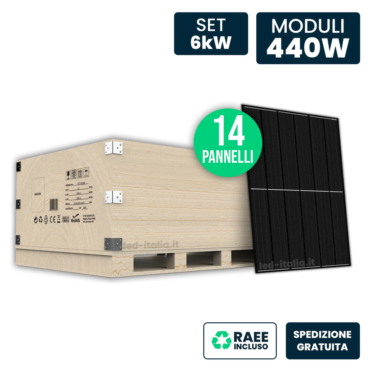 V-TAC Set 6kW con 14 Pannelli Solari 440W TOPCon Full Black 1722x1134x30mm