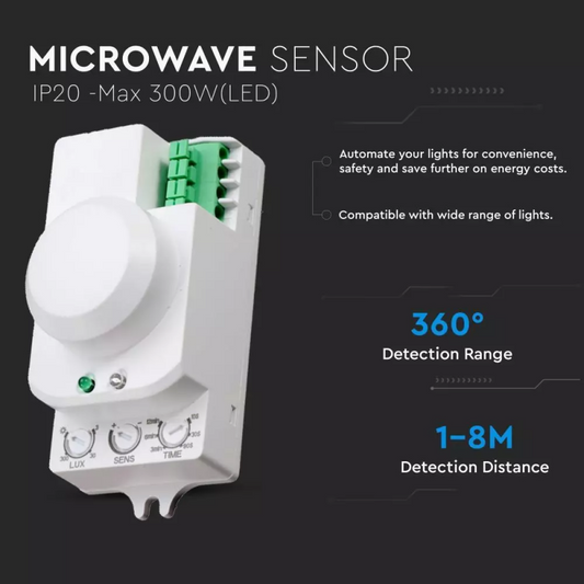 Sensore di Movimento a Microonde 360° Plafone Bianco Max 300W IP20 Override Manuale | VT-8077 | V-TAC