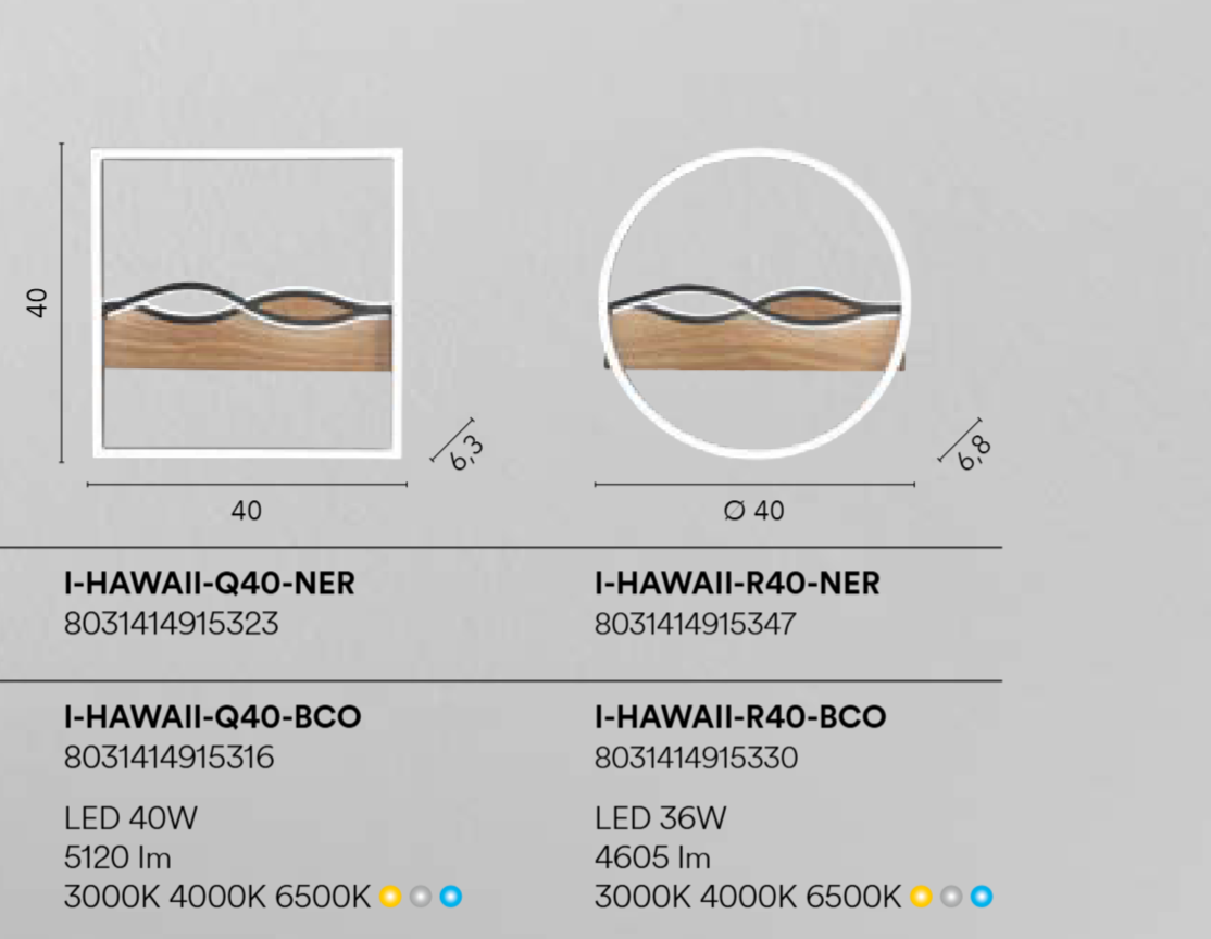 Plafoniera LED in metallo con base effetto legno disponibile in due forme linee ondulate varianti bianco-nero CCT HAWAII