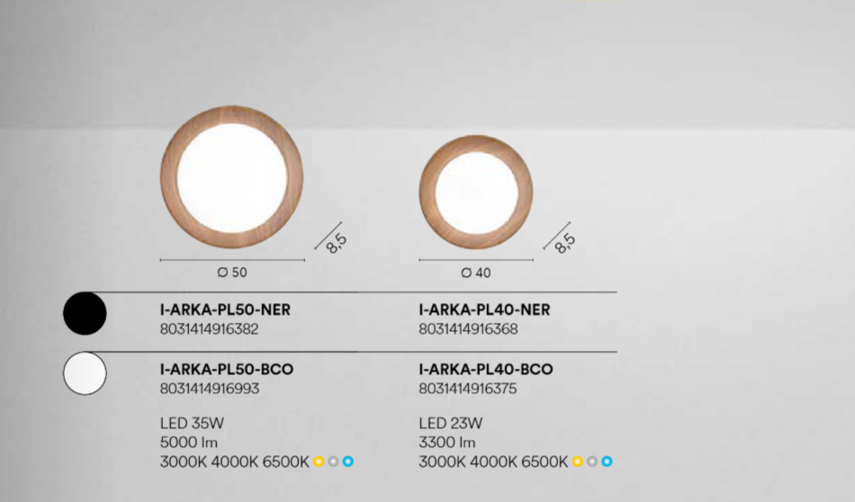 Plafoniera LED in metallo nero-bianco con interno effetto legno due misure CCT ARKA