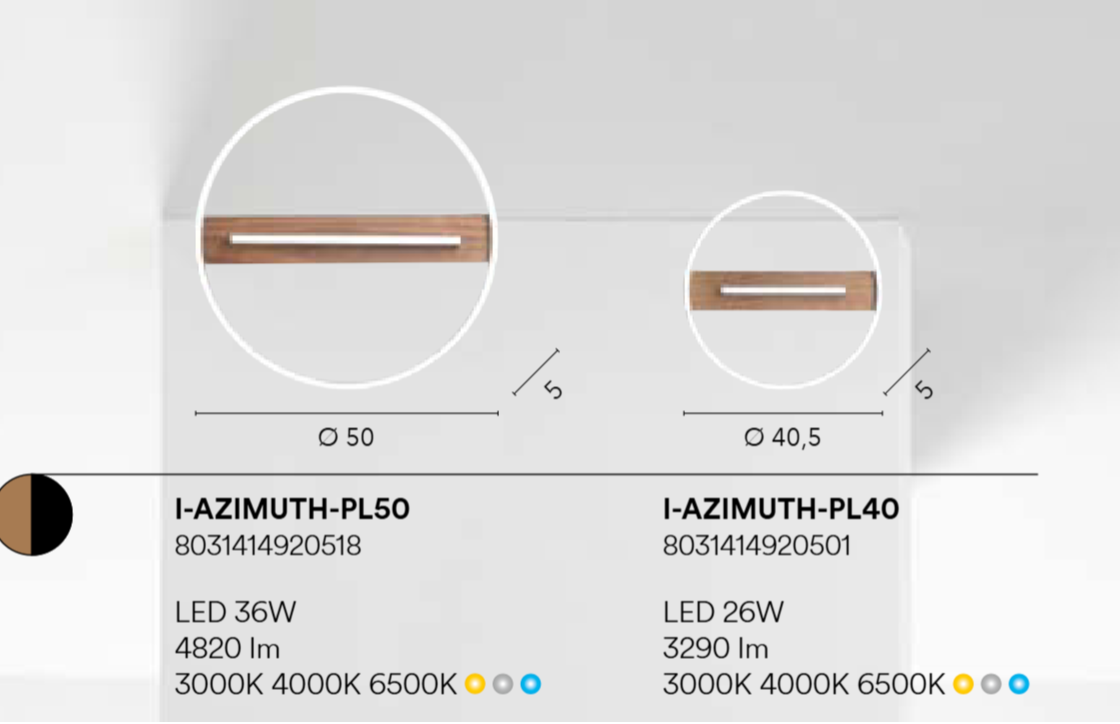 Plafoniera LED in metallo con base effetto legno in due dimensioni colore nero CCT AZIMUTH