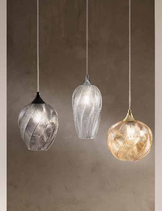 Sospensione in vetro lavorato con linee a spirale in grigio-ambra-trasparente 1XE27 non incl. MAJESTY