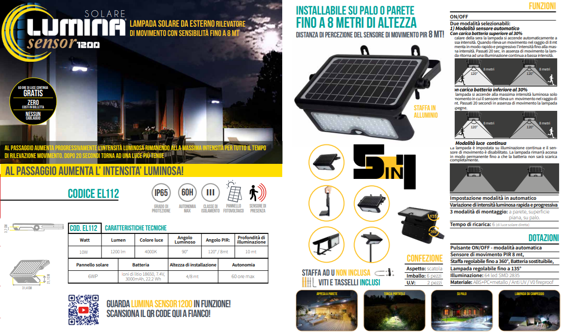 LUMINA SENSOR 1200 - LAMPADA SOLARE DA ESTERNO 10W 1200LM 4000°K EL112