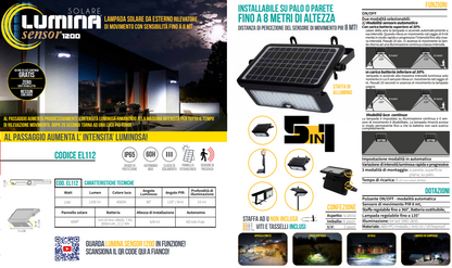 LUMINA SENSOR 1200 - LAMPADA SOLARE DA ESTERNO 10W 1200LM 4000°K EL112
