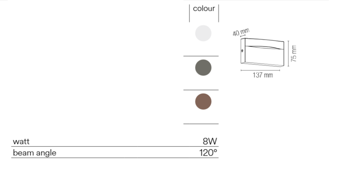Applique LED in metallo tre varianti di colore IP65 8W 1100LM 3000°K MOBULA