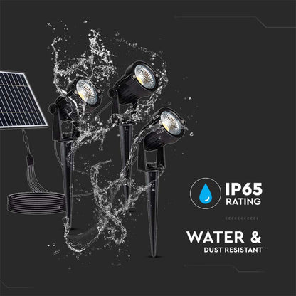 V-TAC 3 Lampy Ogrodowe LED 3X1.2W z Grotem i Panelem Słonecznym, Kolor Czarny 3000K IP65