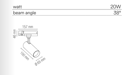 Proiettore Faro LED Orientabile per Binario Trifase | 20W 2450lm 38° CRI90 | Bianco o Nero