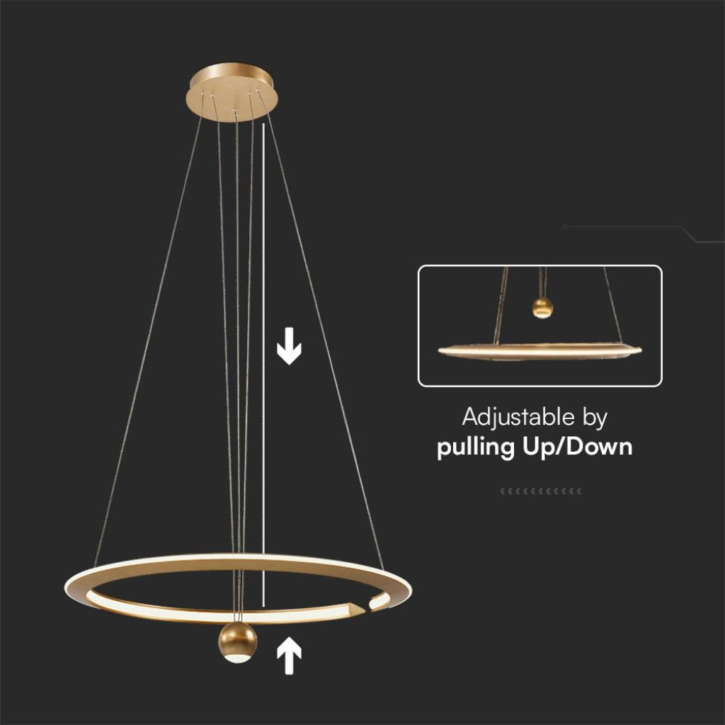 V-TAC Lampadario LED a Sospensione Circolare 46W dal Design Regolabile Moderno e Elegante in Metallo Colore Oro Spazzolato 3000K