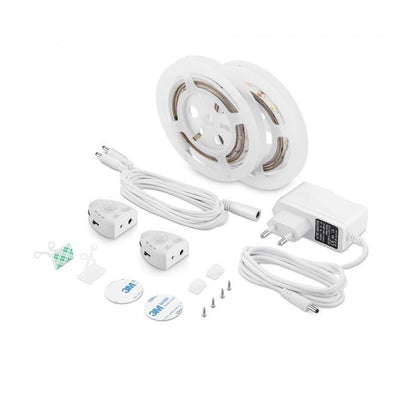 Kit V-TAC bandă LED lumină de noapte dublă (2 benzi de 1,2m, 30 LED-uri/m, 2,8W + alimentator + 2 senzori de mișcare) 12V 3000K, reglabilă