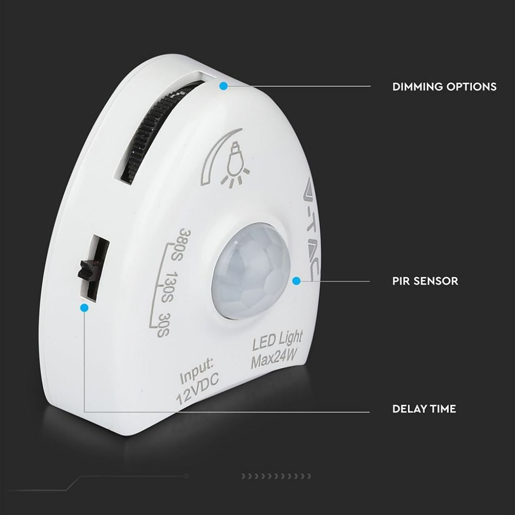 Kit V-TAC bandă LED lumină de noapte dublă (2 benzi de 1,2m, 30 LED-uri/m, 2,8W + alimentator + 2 senzori de mișcare) 12V 3000K, reglabilă