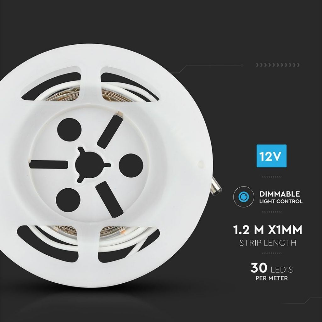 Kit V-TAC bandă LED lumină de noapte dublă (2 benzi de 1,2m, 30 LED-uri/m, 2,8W + alimentator + 2 senzori de mișcare) 12V 3000K, reglabilă