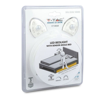 Kit V-TAC bandă LED lumină de noapte dublă (2 benzi de 1,2m, 30 LED-uri/m, 2,8W + alimentator + 2 senzori de mișcare) 12V 3000K, reglabilă