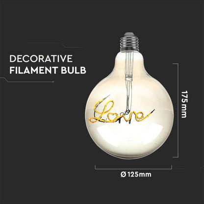 V-TAC Bec LED E27 5W G125 Filament Ambră Scris Love 2200K