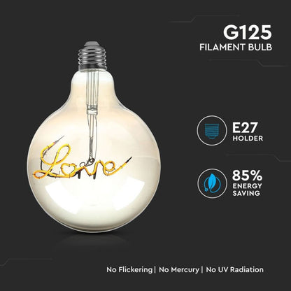 V-TAC Bec LED E27 5W G125 Filament Ambră Scris Love 2200K