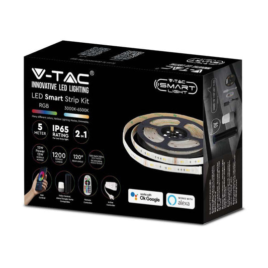 Kit bandă LED V-TAC SMD5050 15W/m 90 LED/m RGB+3ÎN1 5m Compatibil cu Alexa și Google Home cu Telecomandă și Alimentator IP65