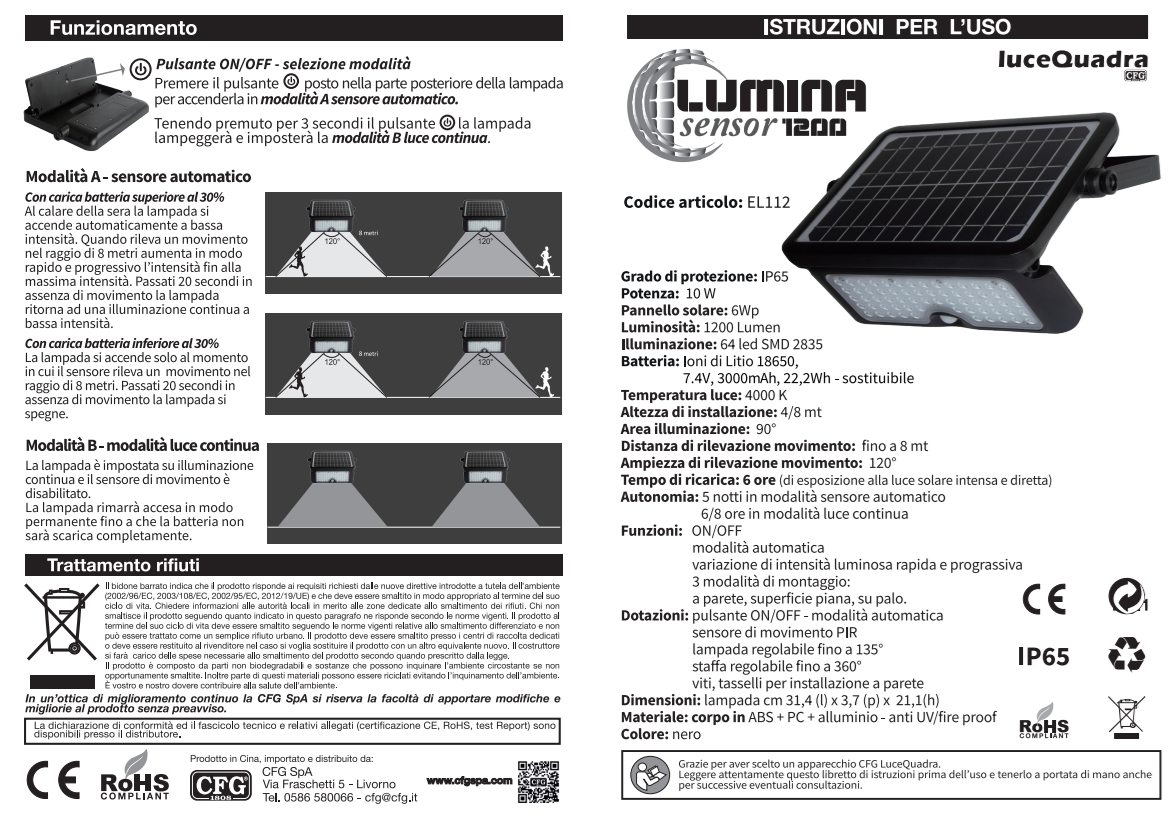 LUMINA SENSOR 1200 - LAMPADA SOLARE DA ESTERNO 10W 1200LM 4000°K EL112