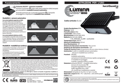 LUMINA SENSOR 1200 - LAMPADA SOLARE DA ESTERNO 10W 1200LM 4000°K EL112