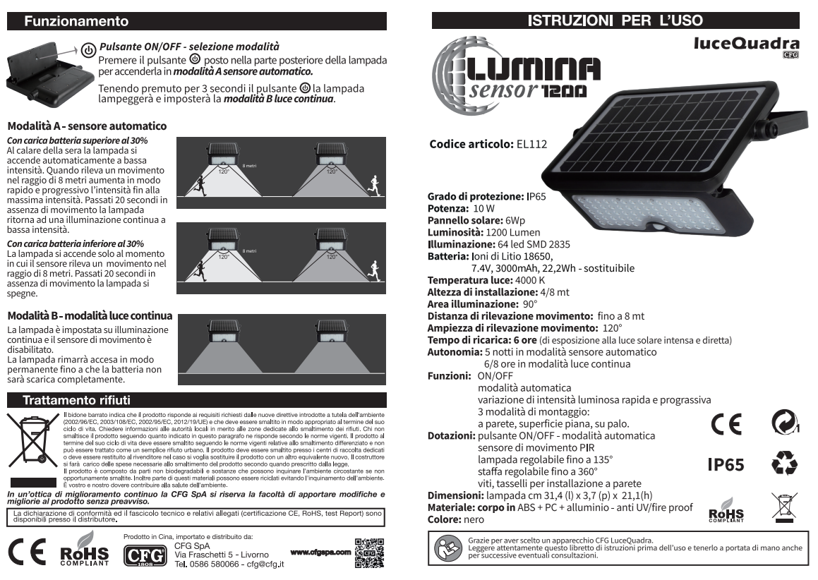 LUMINA SENSOR 1200 - LAMPADA SOLARE DA ESTERNO 10W 1200LM 4000°K EL111