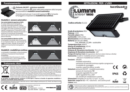 LUMINA SENSOR 1200 - LAMPADA SOLARE DA ESTERNO 10W 1200LM 4000°K EL111
