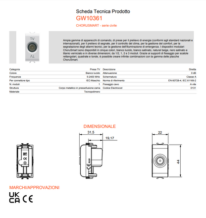 Presa tv diretta conn.maschio 9.5mm c/pass.corrente Gewiss Chorusmart 10361